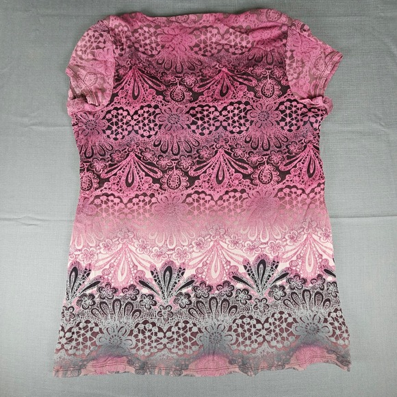 Lizwear Women Pink Black Lace Overlay V Neck Short Sleeve Top Size L - Picture 7 of 7